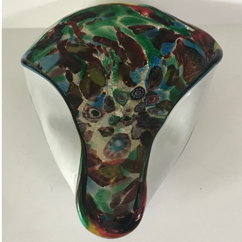 Vintage Murano Glass Bowl Multicolor Sparkle Ruffle Green Red Blue Black White